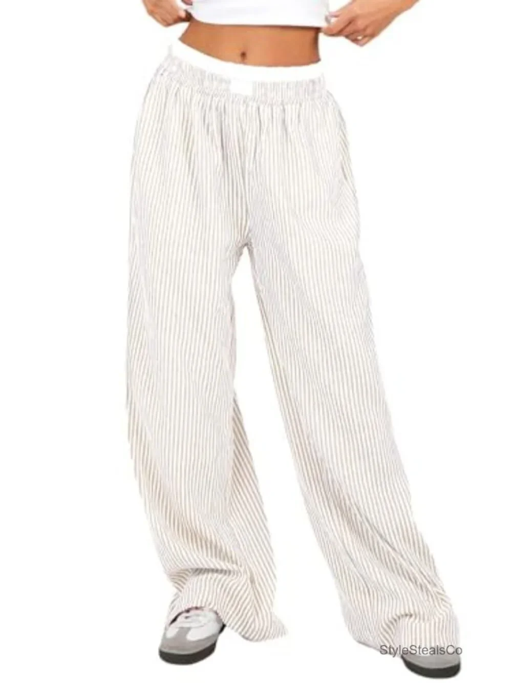 Wide Leg Pajama Pants Striped Elastic Waist Lounge Bottoms Cotton Blend